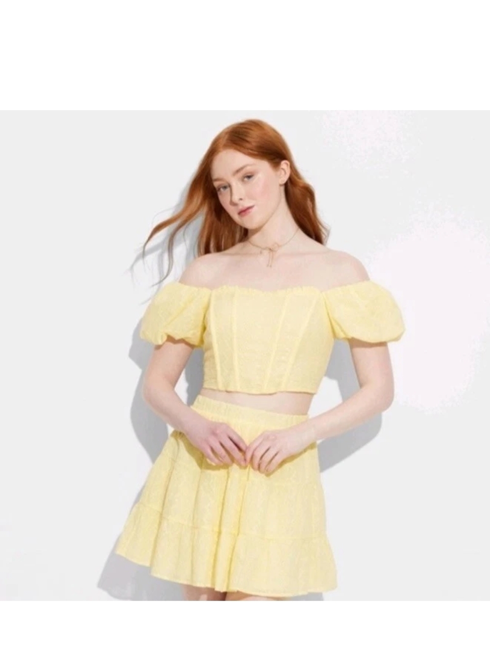 Wild Fable Puff Cap Sleeve Eyelet Corset Top Womens Small Off-Shoulder Yellow